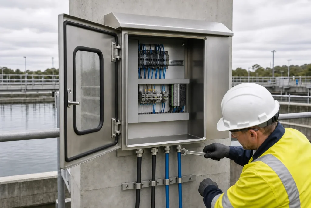Technician tightening one row of bottom cable glands above separated, strain-relieved power and signal cables