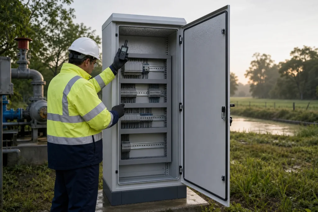Technician measuring temperature and humidity beside visible condensation inside a sealed outdoor cabinet at dawn
