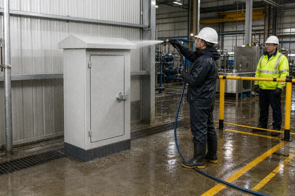 Outdoor enclosure undergoing a controlled water-spray inspection in a factory test bay