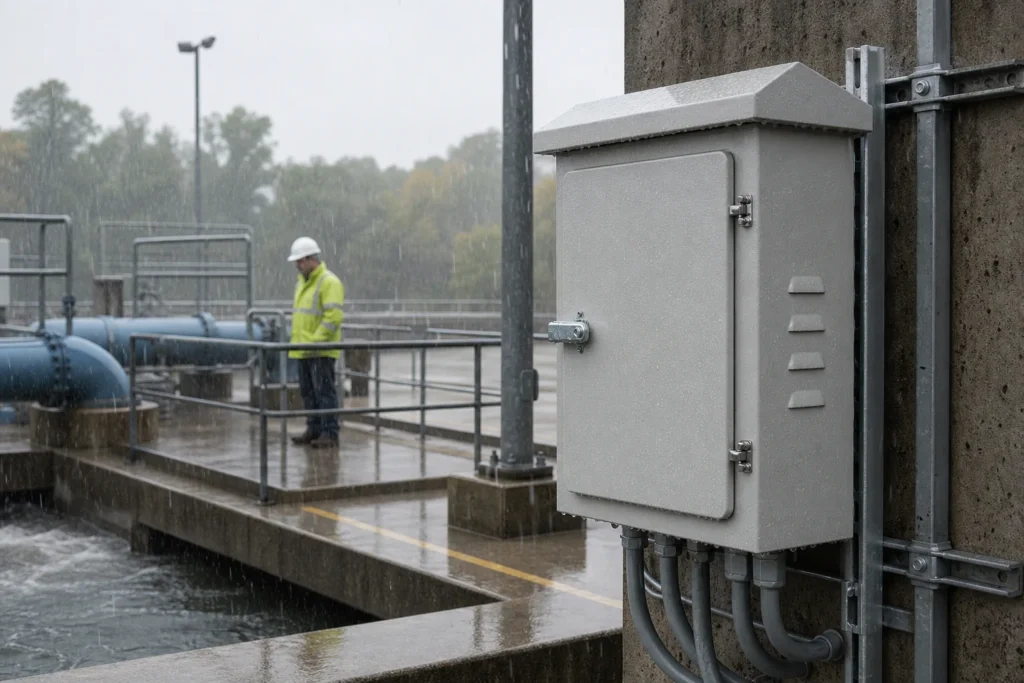 Outdoor wall-mounted electrical enclosure shedding wind-driven rain at a pump station