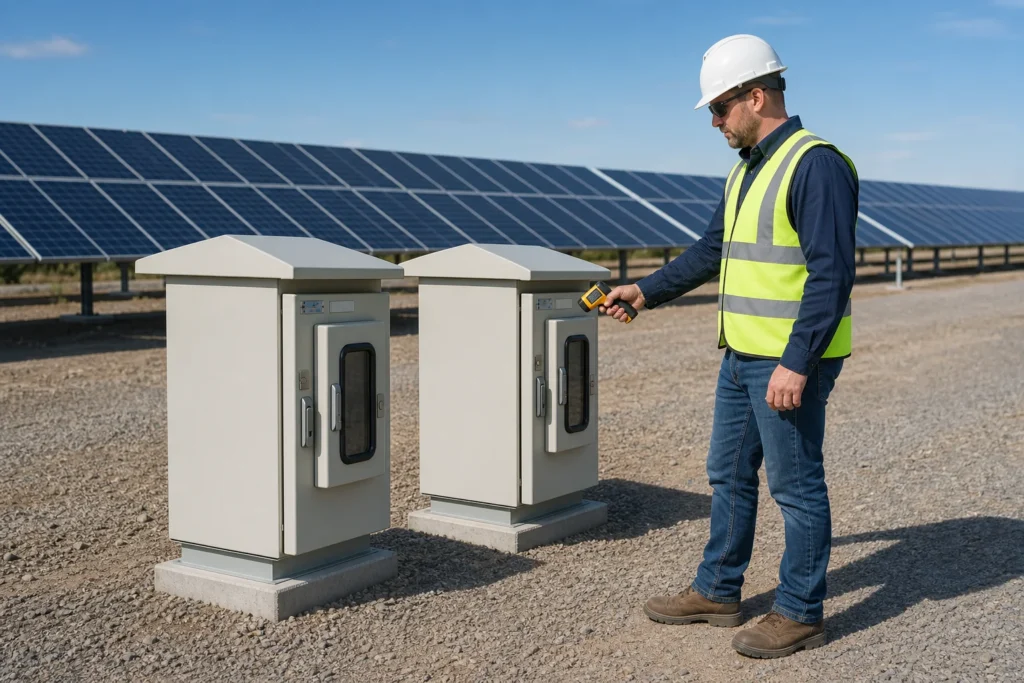 Engineer measuring the surface temperature of outdoor cabinets at a solar facility