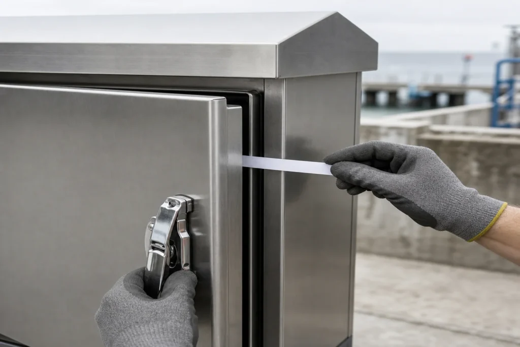 Gloved technician pulling a paper strip trapped between a stainless enclosure gasket and sealing flange at a coastal utility site