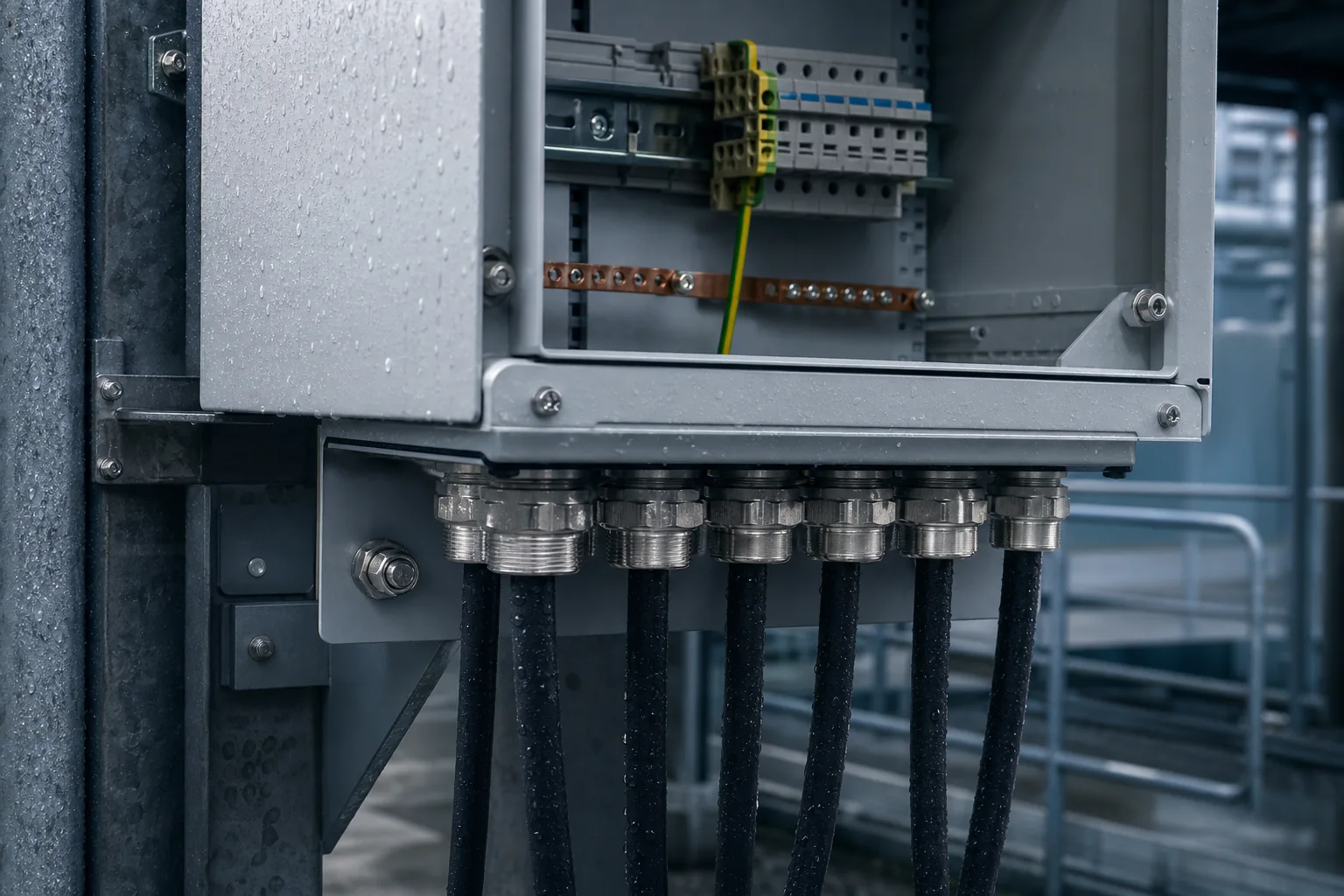 Outdoor electrical enclosure with sealed cable glands mounted through a lower gland plate