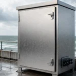 Stainless steel electrical enclosure installed on a wet coastal industrial platform facing the sea