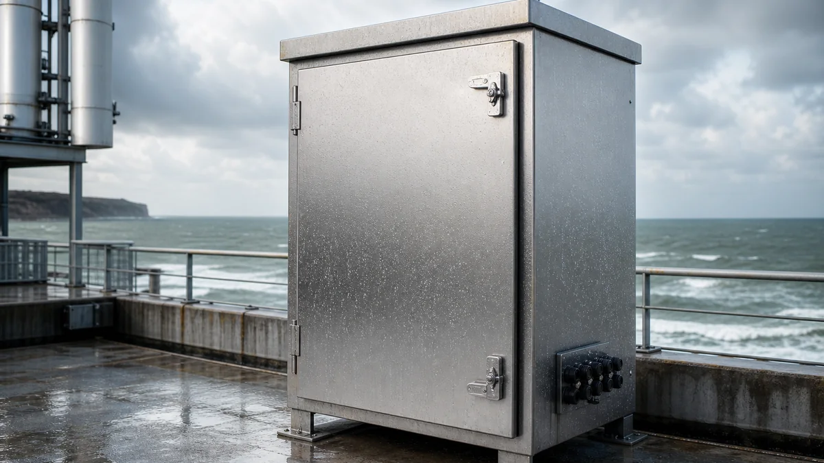 Stainless steel electrical enclosure installed on a wet coastal industrial platform facing the sea