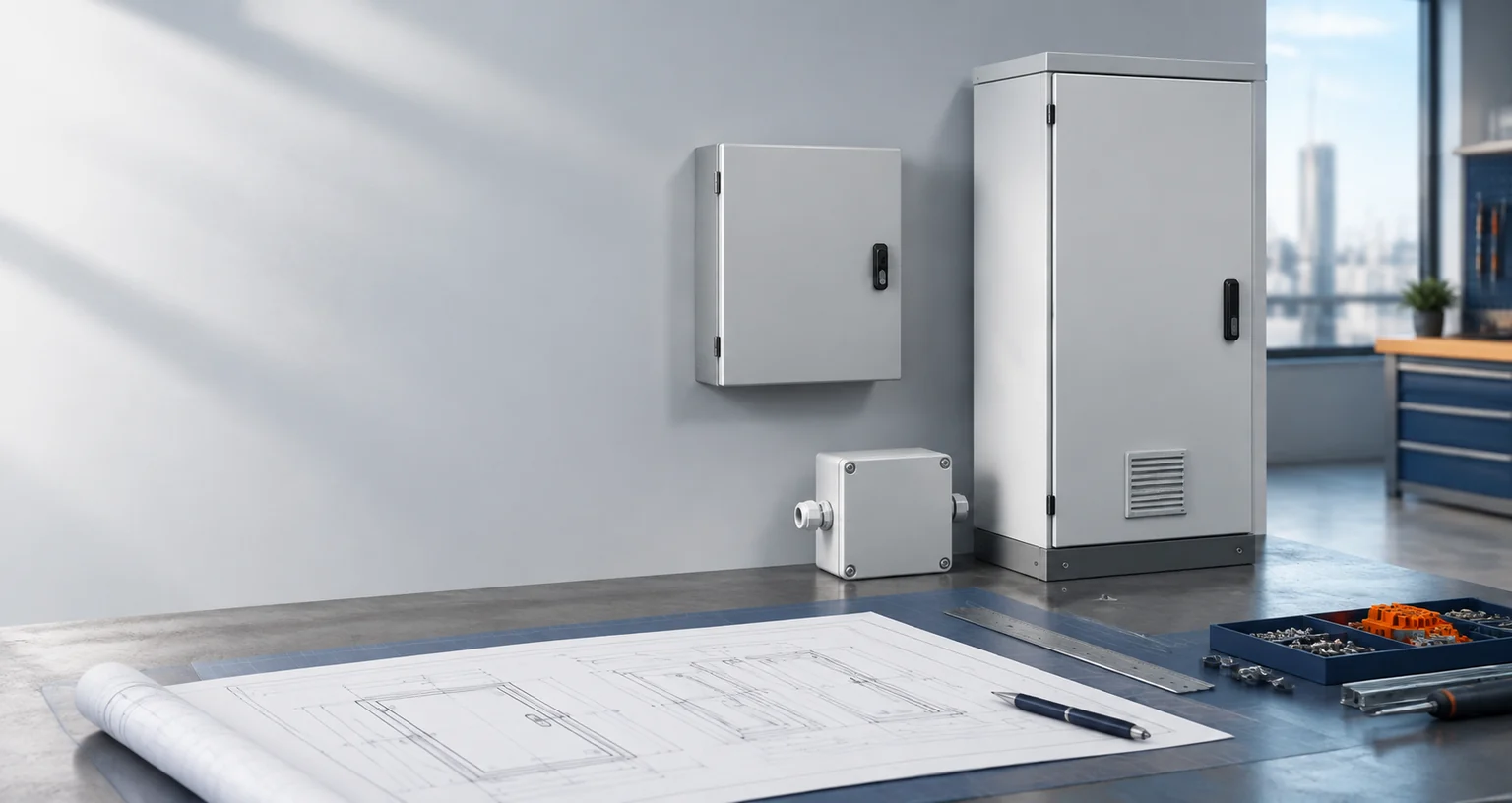 Generic wall-mounted enclosure, tall cabinet and junction box beside a project drawing.