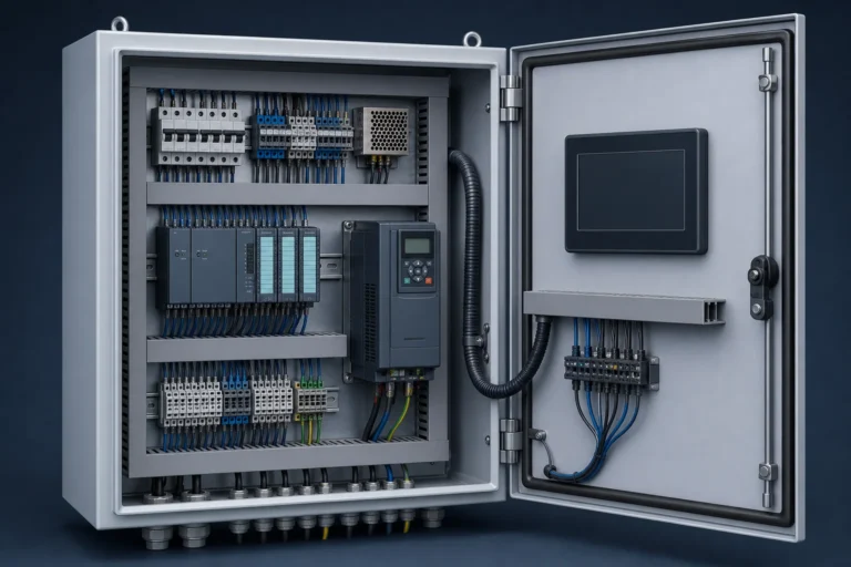 Open electrical enclosure with organized breakers, PLC, drive, terminals, wiring ducts, cable entries, and a door-mounted display.
