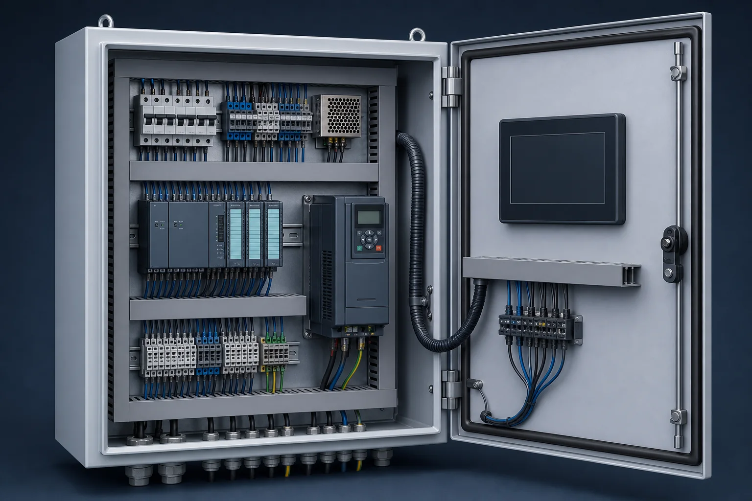 Open electrical enclosure with organized breakers, PLC, drive, terminals, wiring ducts, cable entries, and a door-mounted display.