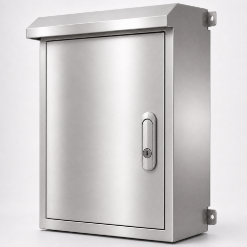 Wall-mounted stainless steel electrical enclosure with rain hood, concealed hinges and flush lock