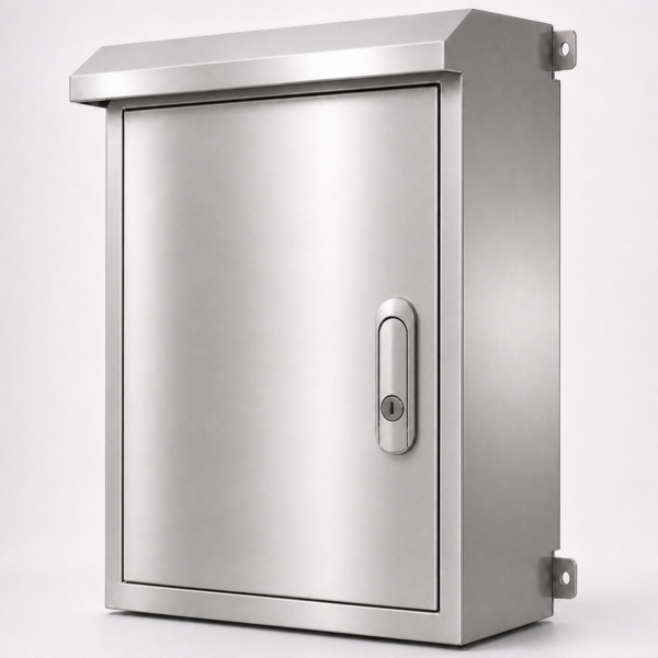 01-hero-wall-mounted-stainless-steel-enclosure Wall-mounted stainless steel electrical enclosure with rain hood, concealed hinges and flush lock