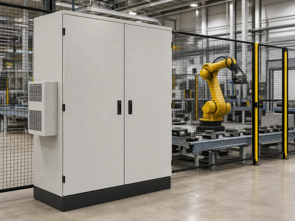 Custom industrial automation enclosure beside a guarded robotic production line