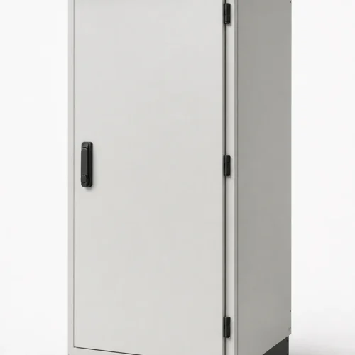 Floor-standing electrical enclosure with compression lock and rain canopy