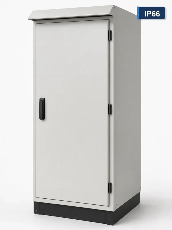 Floor-standing electrical enclosure with compression lock and rain canopy