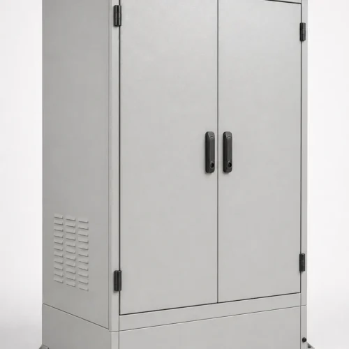 Outdoor floor-standing electrical enclosure cabinet with double front doors, a sloped rain hood, side ventilation louvers, and a plinth base.