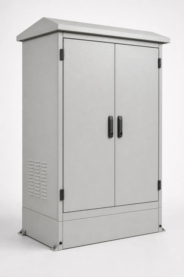 Outdoor floor-standing electrical enclosure cabinet with double front doors, a sloped rain hood, side ventilation louvers, and a plinth base.