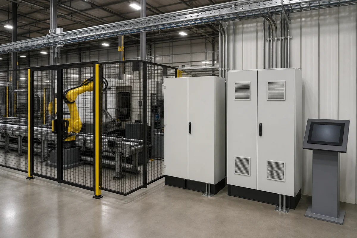 PLC control enclosure, VFD servo cabinet and HMI station outside a guarded robot cell