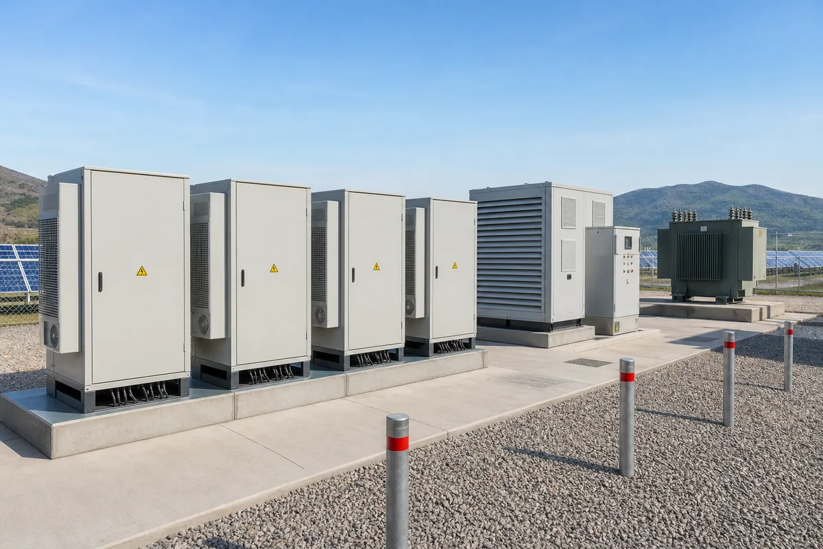 Battery energy storage cabinets, PCS cabinet and transformer on an outdoor equipment pad