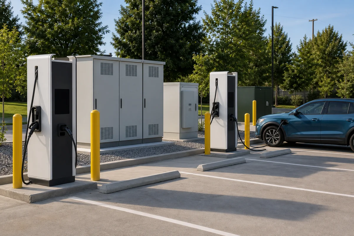 Public EV fast-charging site with separate power cabinets, dispensers, auxiliary cabinet and utility transformer