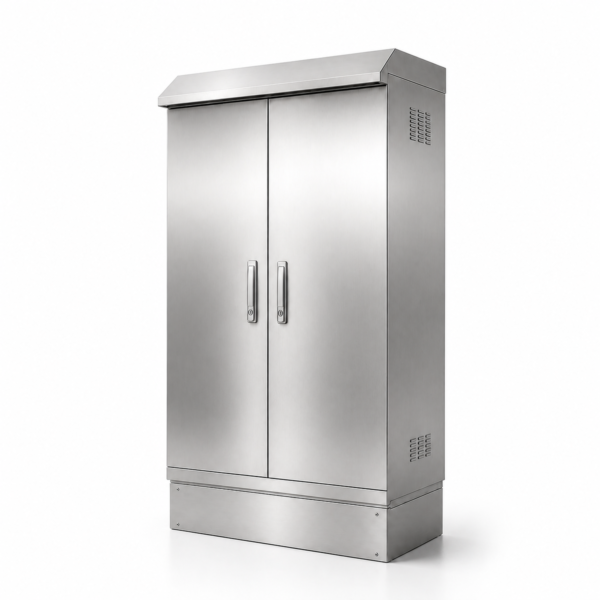 02-floor-standing-double-door-stainless-steel-cabinet Floor-standing double-door stainless steel electrical cabinet with rain hood and swing-handle locks