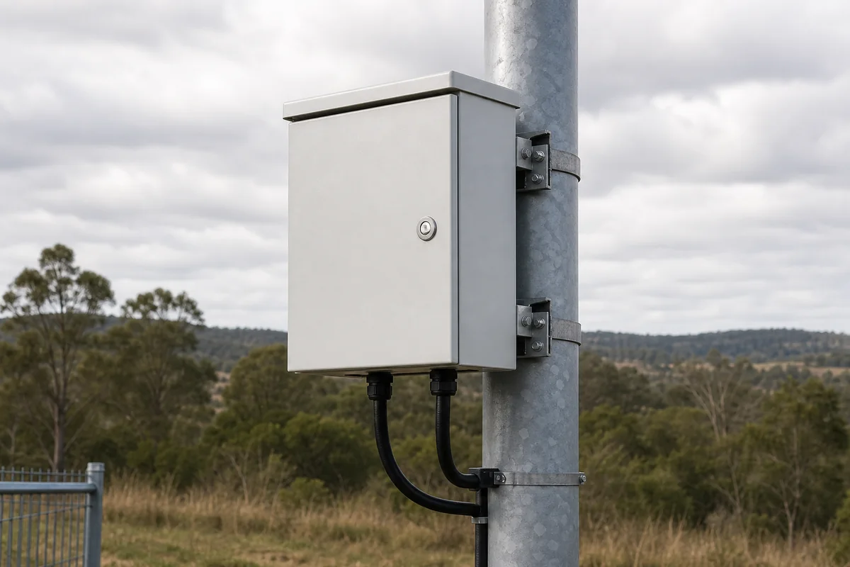 Compact pole-mounted telecom cabinet with sealed conduit entries