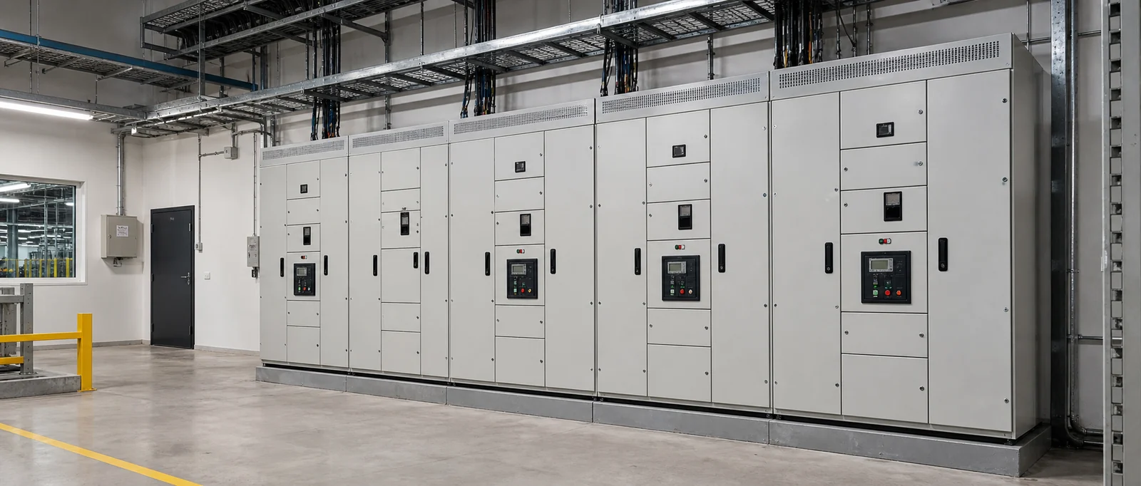 Low-voltage power distribution cabinet lineup in an industrial electrical room