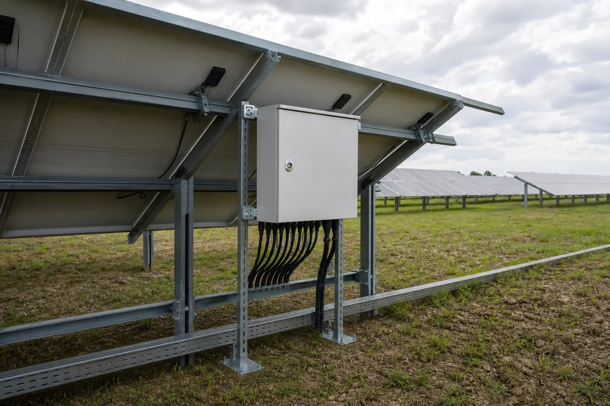 String combiner enclosure installed beneath a solar module row