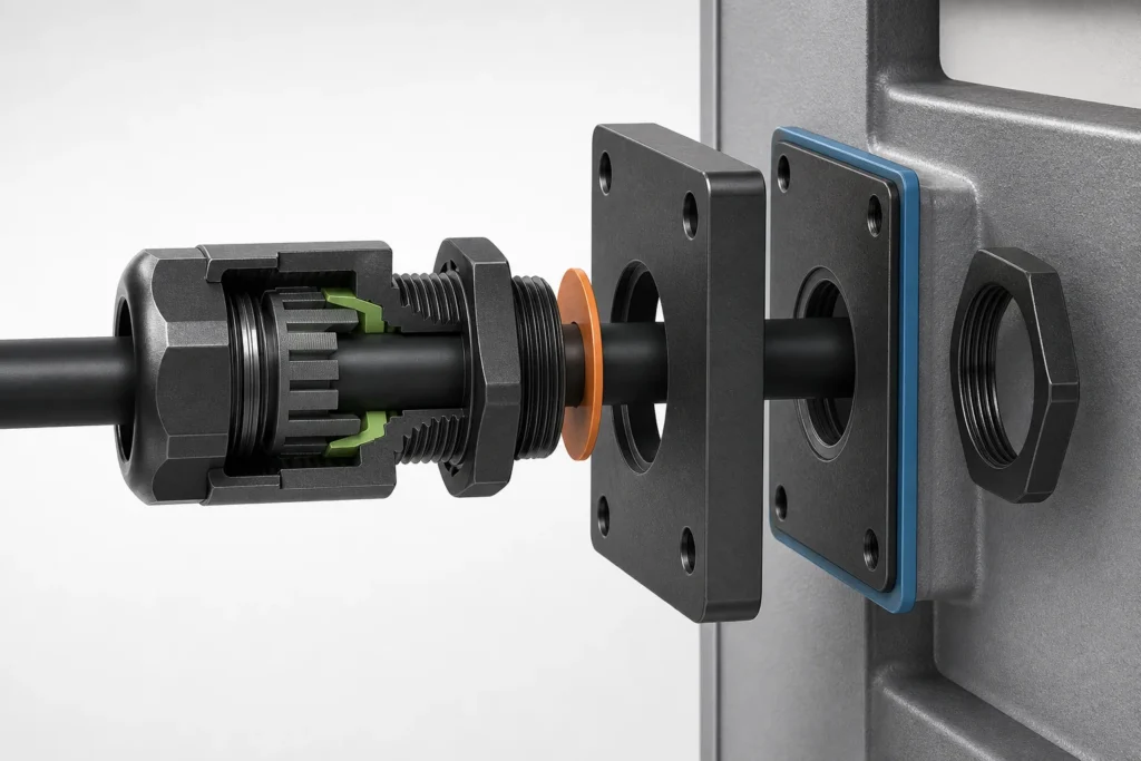 Cutaway showing the cable-to-gland, gland-to-plate, and plate-to-enclosure sealing interfaces