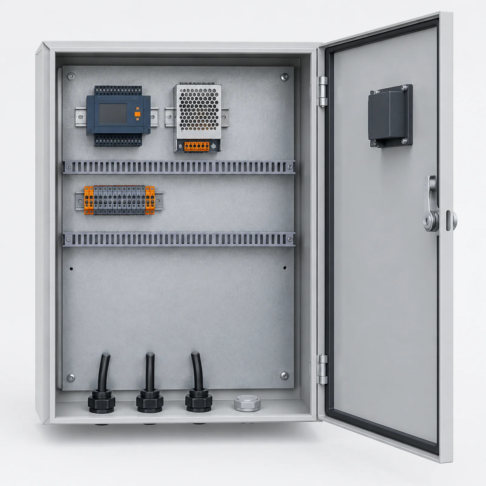 Open enclosure layout with component modules, reserve mounting space, bottom cable glands and a door-mounted device.