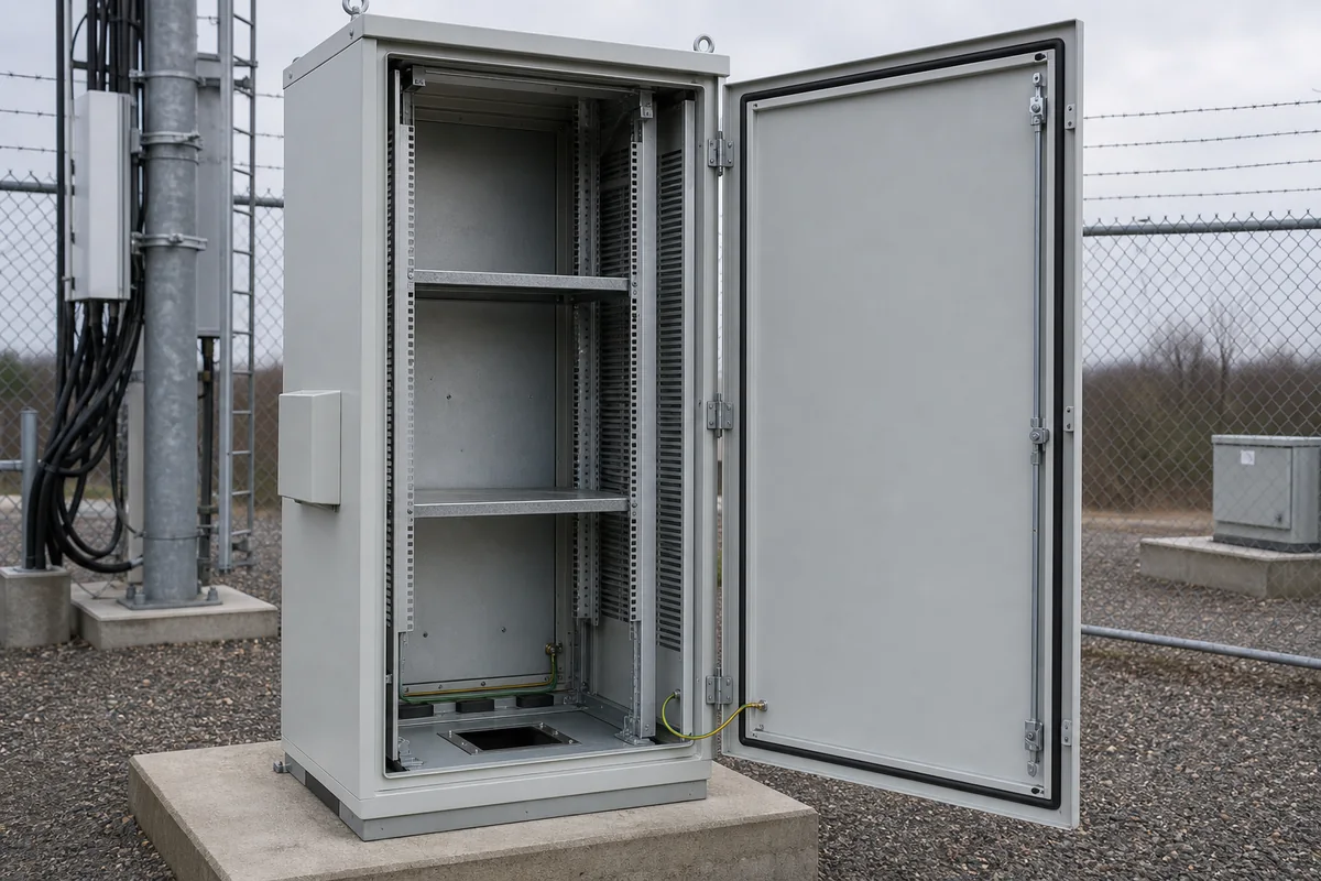 Open outdoor telecom cabinet showing rack rails and shelves