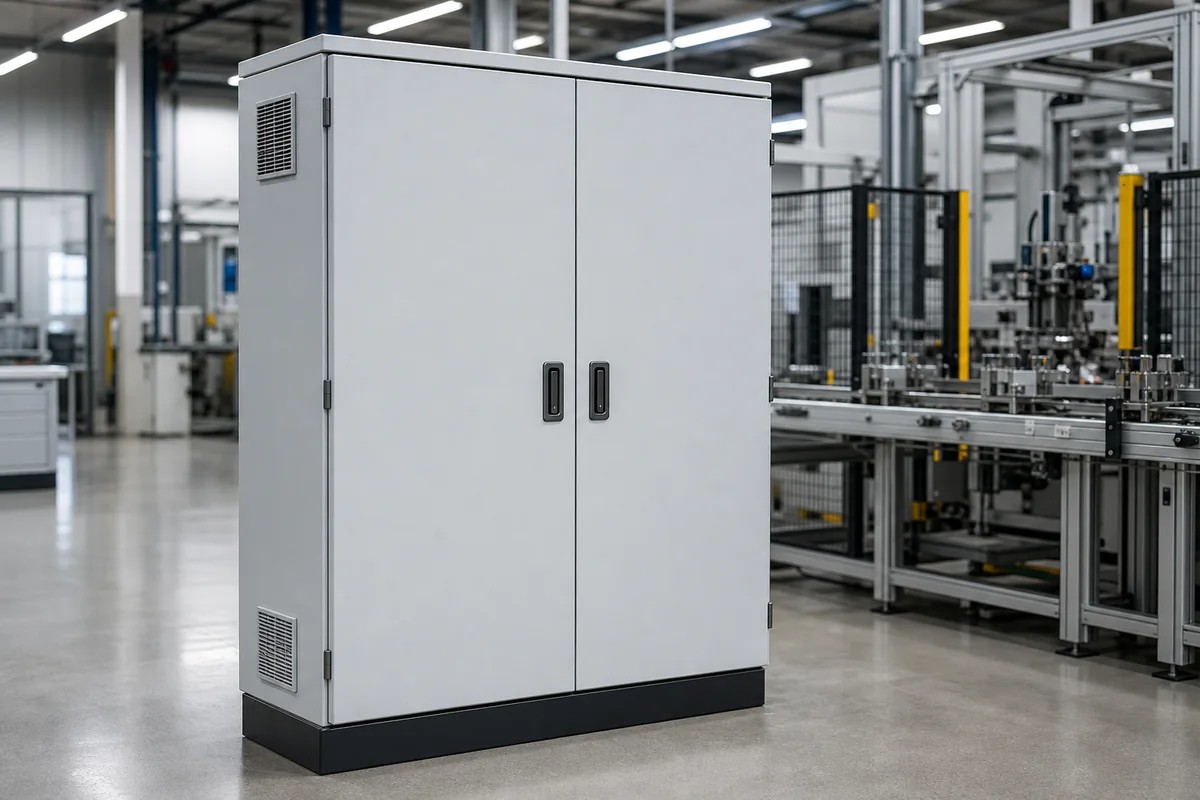 Two-door PLC and I/O control cabinet beside an automated assembly machine