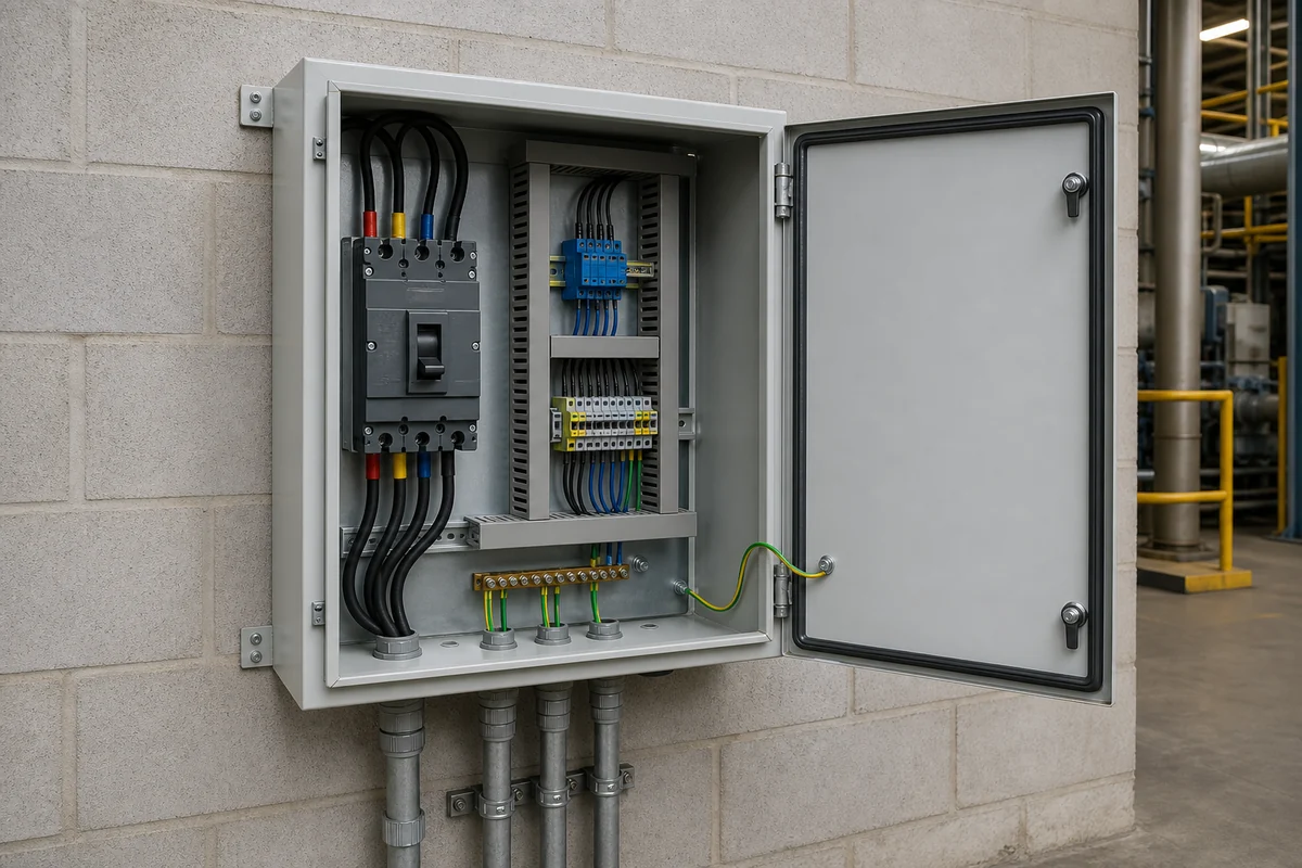 Wall-mounted small distribution enclosure with protected device and terminal zones