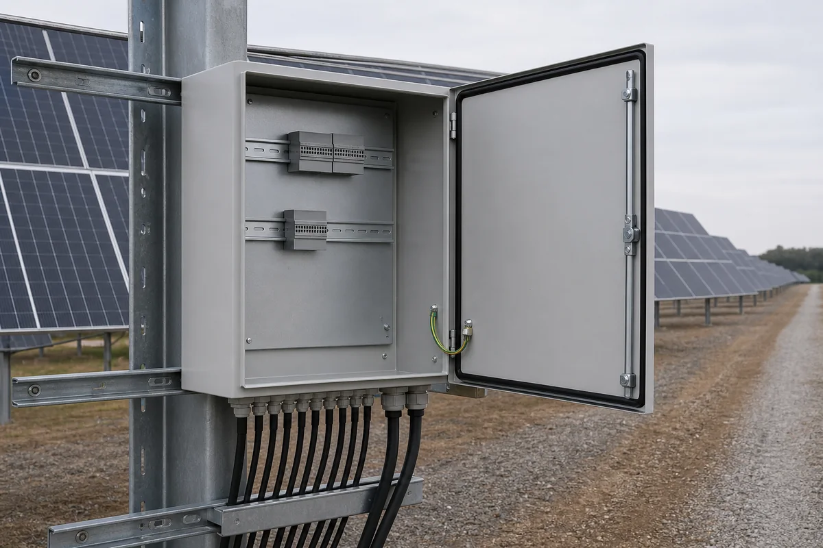 Open string combiner enclosure body with bottom cable entries