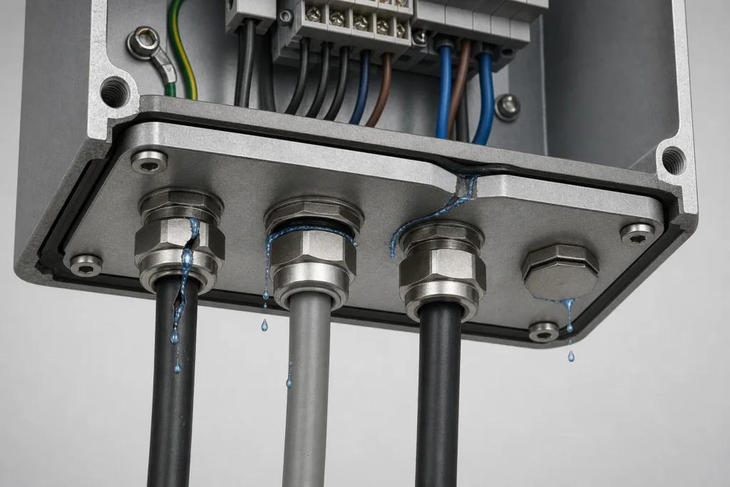 Water paths around cable glands, the gland plate gasket, the cable route, and an unused cable entry