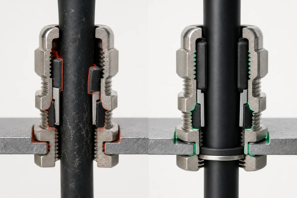 Comparison of a cable gland with an incorrect sealing range and a correctly matched cable outer diameter