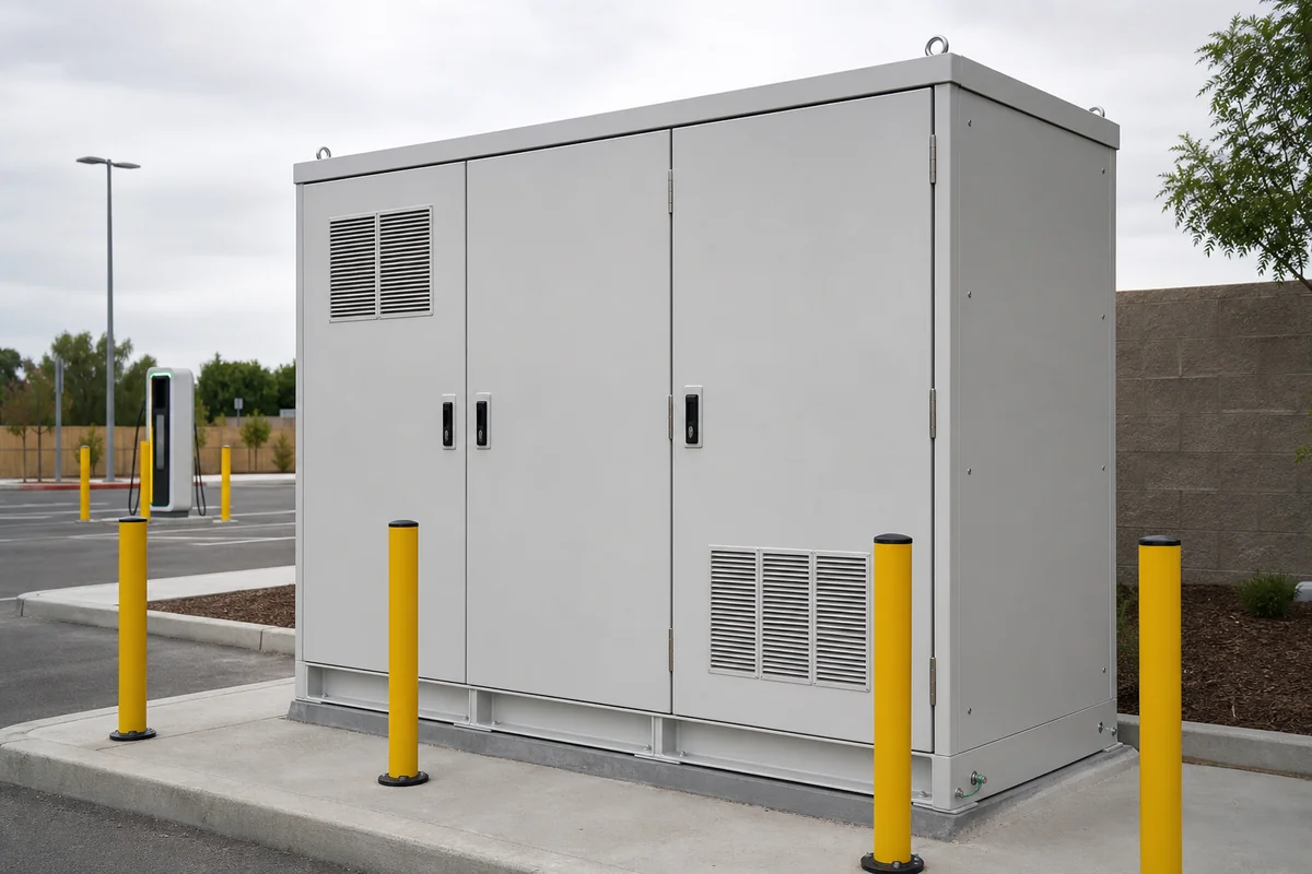 Large outdoor DC fast-charging power cabinet protected by bollards