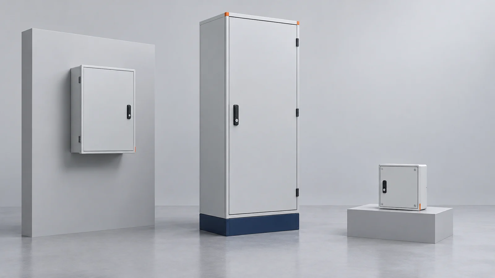 Wall-mounted electrical enclosure, floor-standing cabinet and compact junction box in a studio comparison.