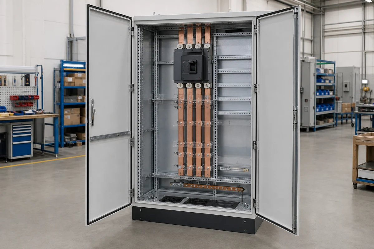 Open floor-standing power distribution cabinet with four-pole device and busbar layout