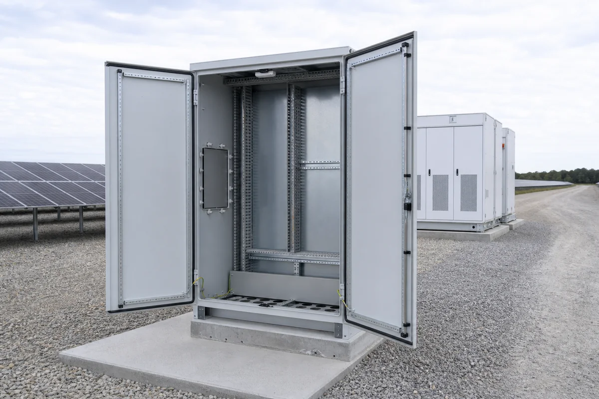 Open outdoor inverter control enclosure body at a solar plant