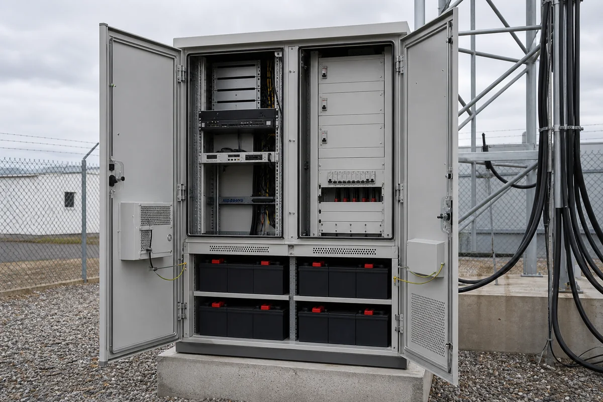Open multi-compartment telecom cabinet with equipment power and battery zones