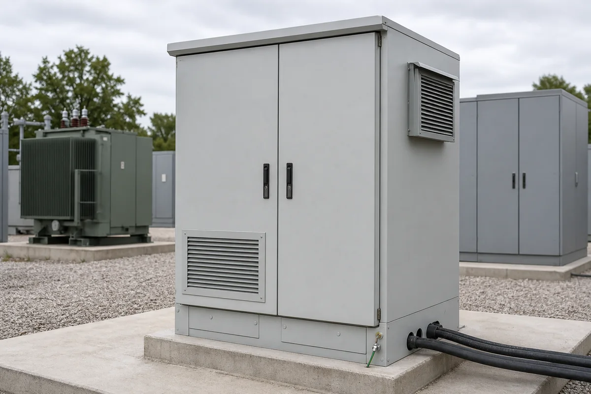 Outdoor PCS power conversion cabinet at a battery storage site