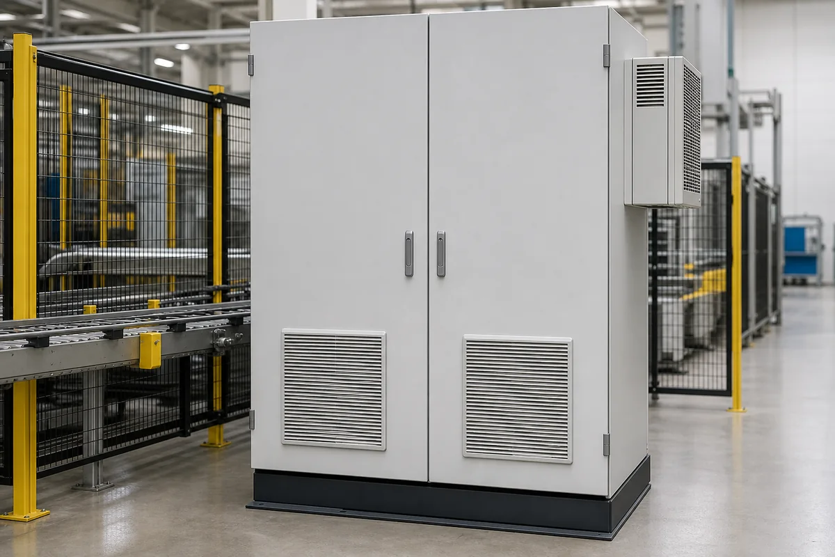 VFD and servo drive enclosure with cooling louvers beside a guarded conveyor