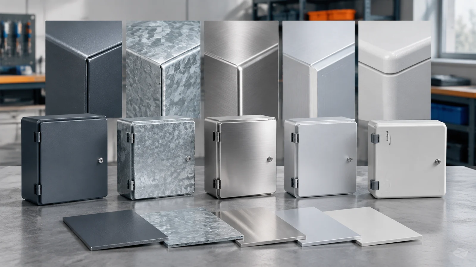 Illustrative enclosure surfaces and samples representing coated steel, galvanized steel, stainless steel, aluminum and non-metallic construction.