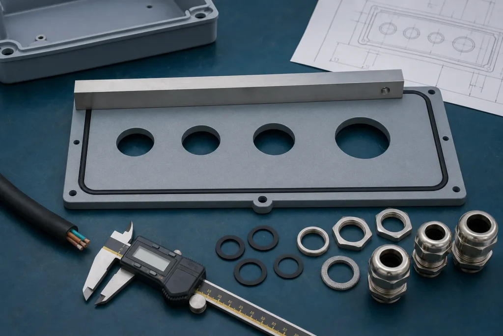 Gland plate checked for flatness, burrs, hole quality, and even gasket compression