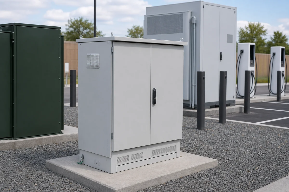Separate site auxiliary and distribution cabinet at an EV charging plaza
