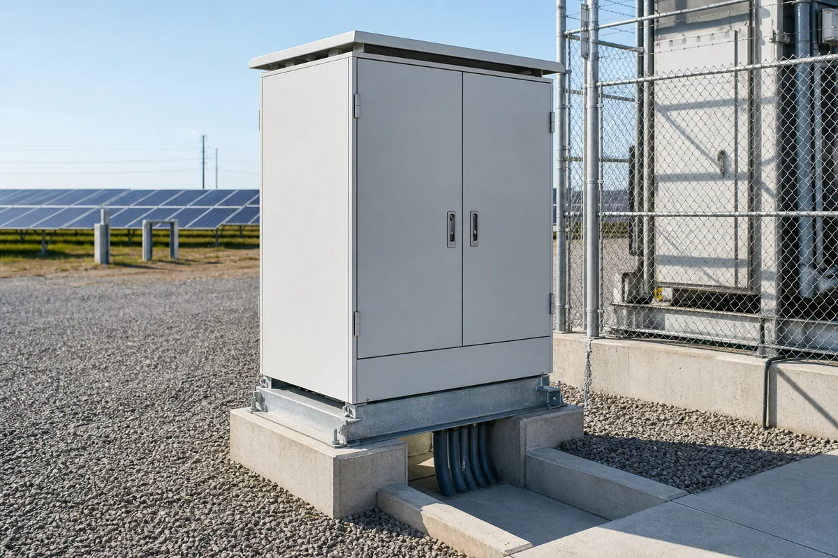 Pad-mounted solar site auxiliary cabinet beside an inverter station