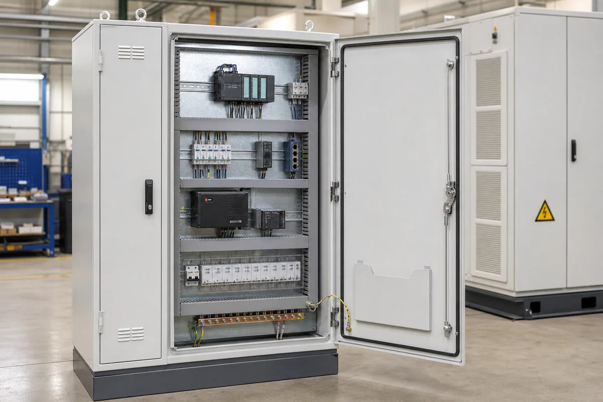 Station auxiliary control cabinet with organized DIN-rail components