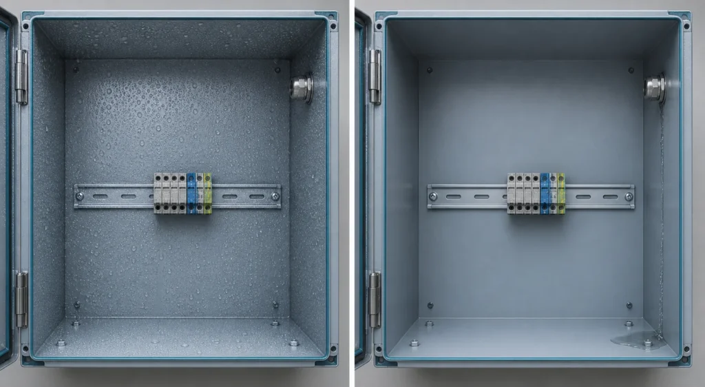 Comparison of widespread enclosure condensation and a localized leak at a side cable gland