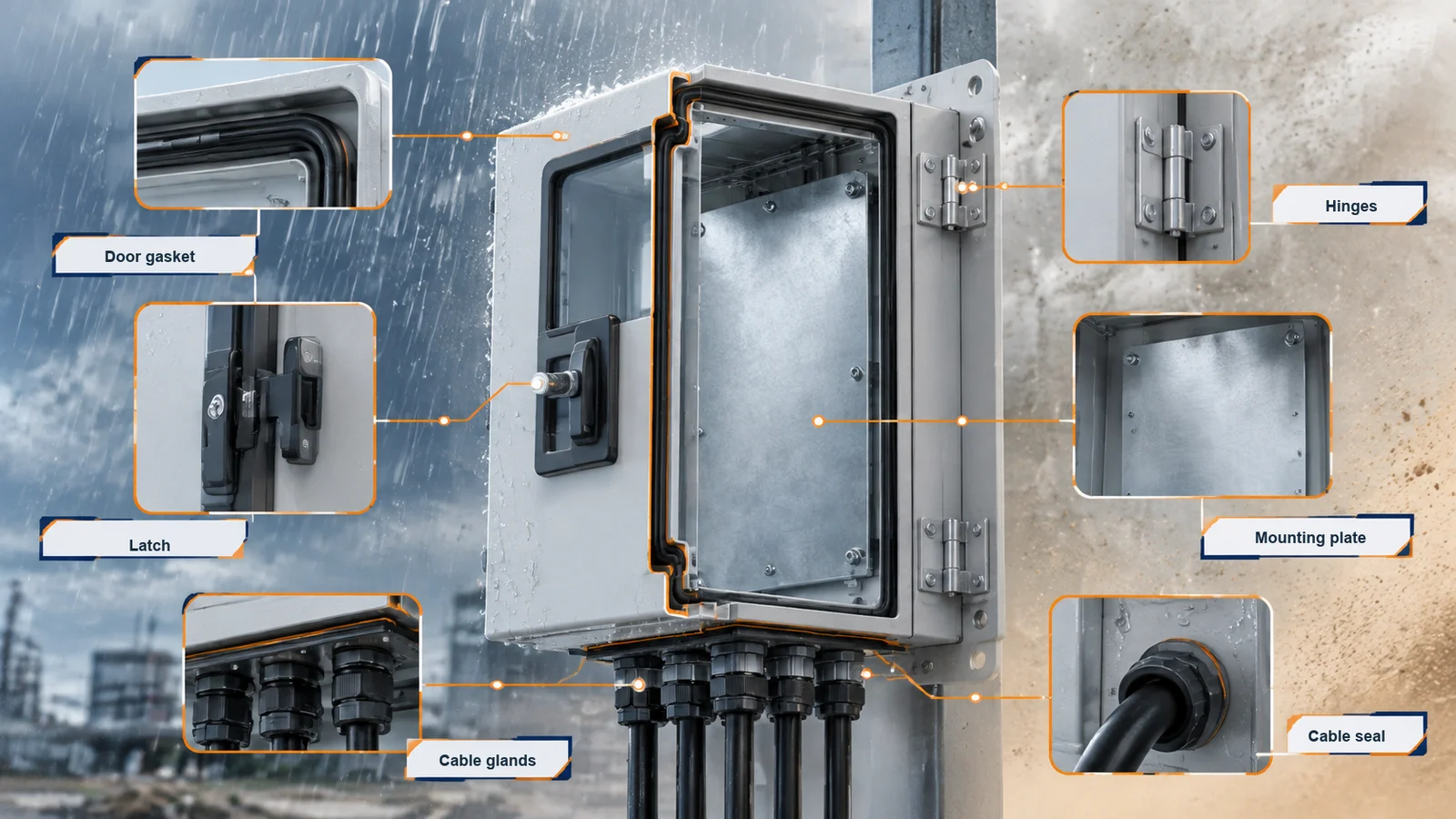Cutaway illustration with callouts for the door gasket, latch, hinges, mounting plate, cable glands and cable seal.