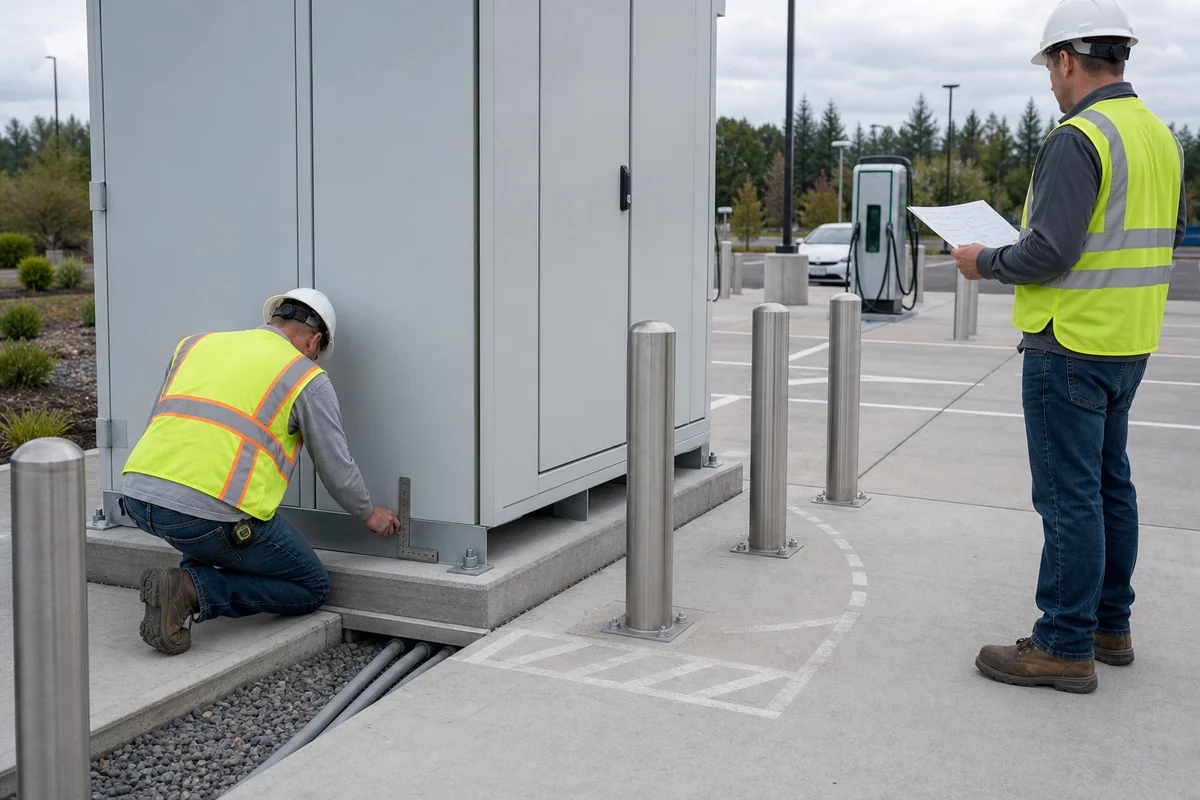 Technicians checking EV charger cabinet base anchors conduit landing and service clearance