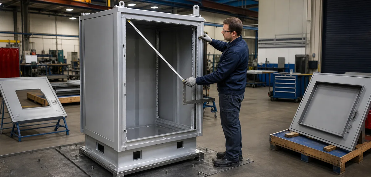 Technician checking the diagonal and squareness of a welded control enclosure body